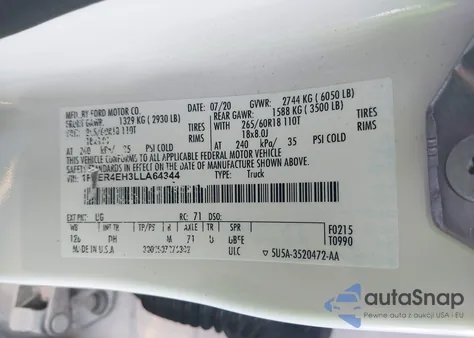 2020 Ford Ranger Lariat из США, поврежденный, VIN 1FTER4EH3LLA64344